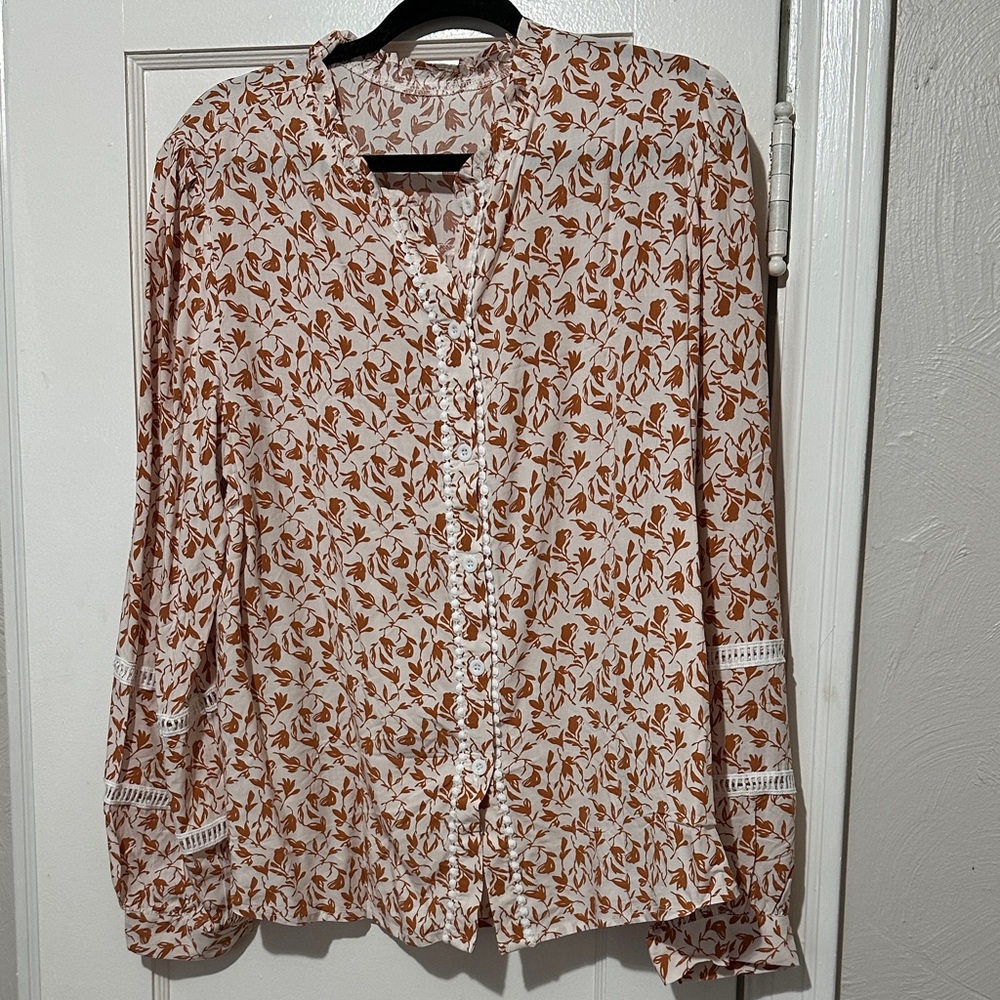 Floral Button-Up Blouse - White and Brown